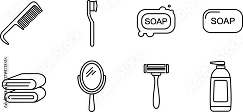 Personal Care Simple Icon Set - Comb, Toothbrush, Soap, Towel, Mirror, Razor, Shampoo Linear Pictograms

