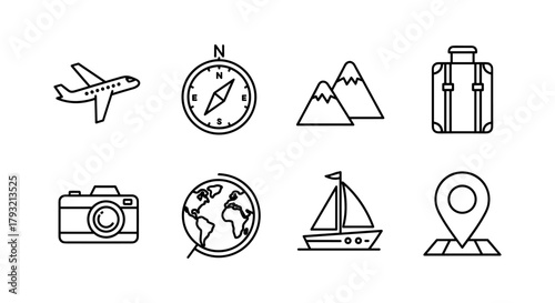 Minimalist travel icon set featuring airplane, compass, suitcase, and more