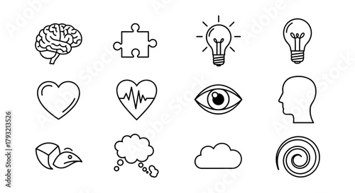 Minimalist outline icons of brain, heart, light bulb, puzzle, eye, and more in linear style