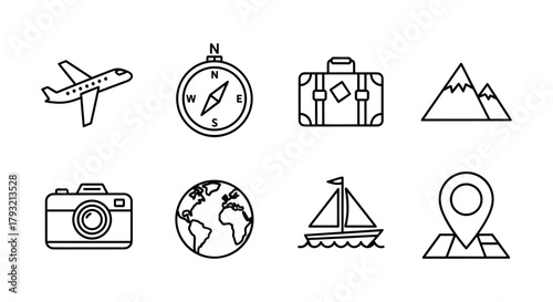 Essential travel icons set: adventure, navigation, and destination symbols