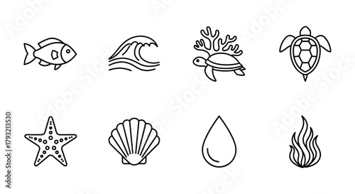 Minimalist ocean icons: fish, waves, turtle, shell, and more in simple line art