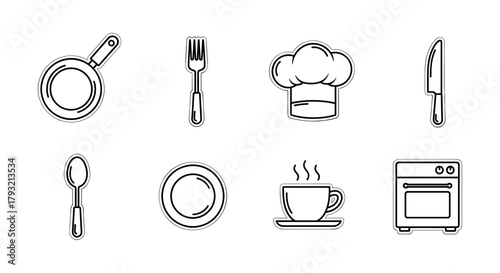 Linear kitchen icons set: essential cooking and dining symbols in black and white
