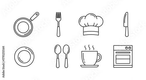 Essential kitchen equipment icons in linear style for cooking and baking