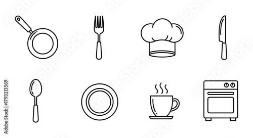Simple kitchen icons set: cooking tools and utensils in linear style