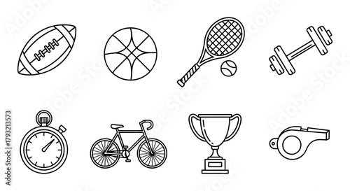 Outline set of sports equipment including ball, racket, and bicycle