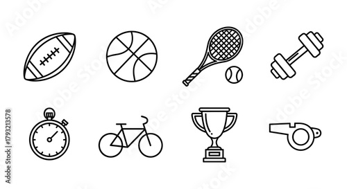 Outline icons of sports equipment including ball, racket, dumbbell, stopwatch, and trophy