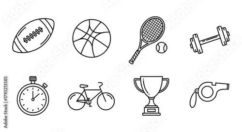 Outline sports icons featuring ball games and fitness equipment