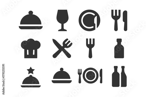 Black restaurant icons set with utensils, chef hat, glasses, and plates.