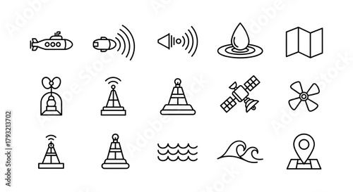 Marine communication icons set featuring submarine, buoys, satellites, and navigation tools in linear style
