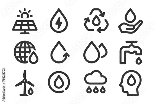 Sustainable energy and water conservation icon set featuring solar, wind, and recycling symbols.