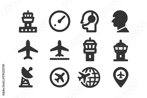 Aviation icons: control tower, airplane, satellite, headset for travel and communication.