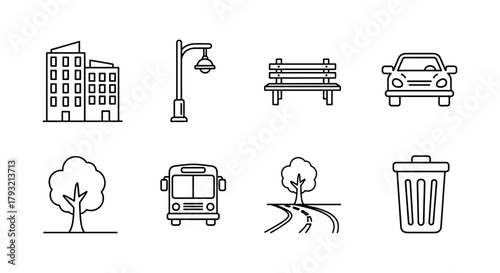 Urban line icons: city building, transport, nature, and street elements