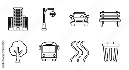 Urban line art icons: cityscape, vehicles, and nature elements