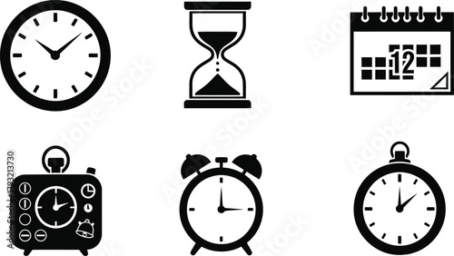  Time and Calendar Simple Glyph Icon Set - Clock, Hourglass, Calendar, Stopwatch, Alarm, Timer Black Silhouette
