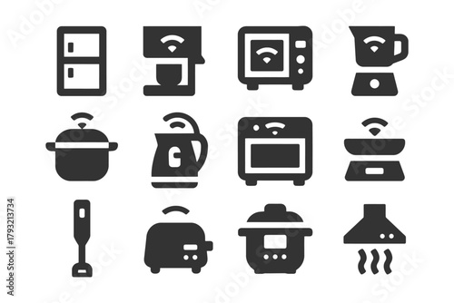Smart kitchen appliance icons: coffee maker, blender, oven, mixer, fridge, kettle.