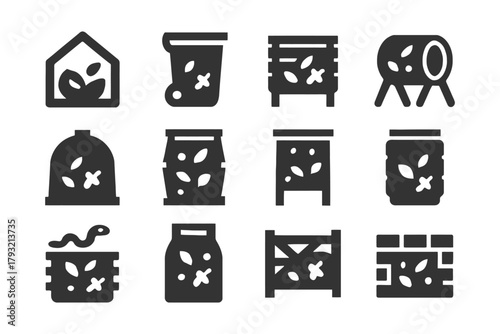 Collection of composting icons featuring various methods and containers.