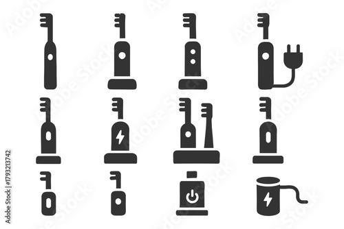 Electric toothbrush icons set charging dock power symbol plug design.