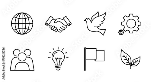 Set of linear icons: globe, handshake, dove, gear, team, lightbulb, flag, leaf