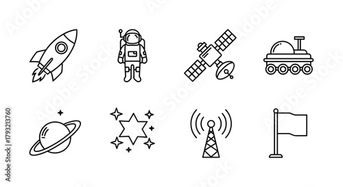 Space icons: rocket, astronaut, satellite, rover in minimalist line art