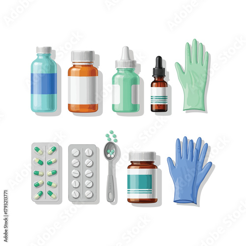 Colorful glass medicine bottles, syringe, and tubes are isolated on a white background for a medical health care set