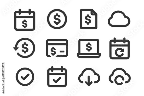 Finance and cloud icon set: calendar, currency, online banking symbols in black and white.
