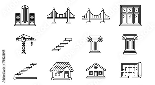 Linear icons set featuring architecture elements and construction tools