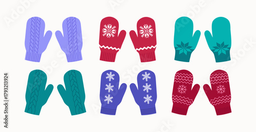 Set of different colored mittens. Knitted gloves with a snowflakes pattern. Cozy warm winter accessory. Hand drawn vector illustration isolated on white background. Flat cartoon style.