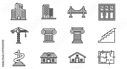 Linear icons of urban architecture elements and building structures