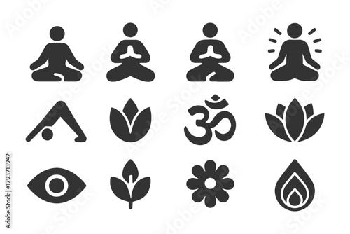 Set of meditation and yoga icons featuring lotus, om symbol, and relaxation poses.
