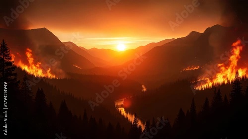 Inferno rages through a valley as the sun sets behind distant mountains