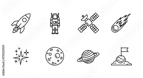 Space exploration icons set featuring rockets, astronauts, and planets in outline style