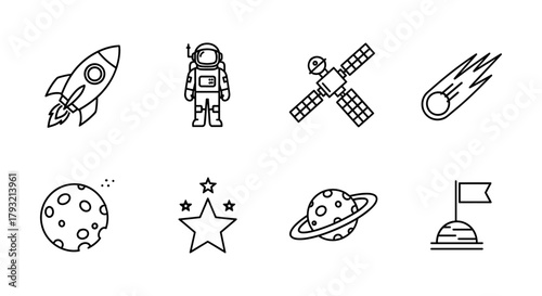 Space exploration icons: rocket, astronaut, satellite, comet, and planetary symbols