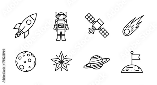 Space icons collection: rocket, astronaut, satellite, meteor, planet, star, moon, flag