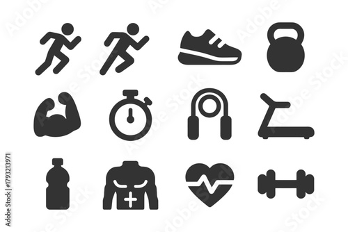 Fitness icon set: running, dumbbell, kettlebell, stopwatch, heartbeat, headphones.