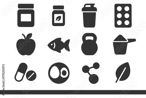 Fitness and nutrition icons featuring food, supplements, and weights.