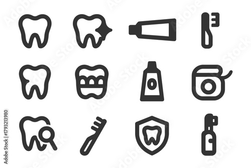 Dental icons set: toothbrush, toothpaste, floss, teeth, magnifying glass.