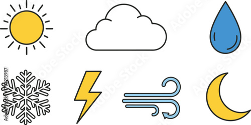 Weather Symbols Simple Icon Set - Sun, Cloud, Raindrop, Snowflake, Lightning, Wind, Moon Vector Pictograms

