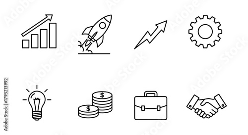 Linear icons: business growth and innovation with rocket and gear