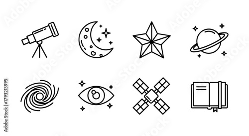 Astronomy icons set: telescope, moon, star, planet, galaxy, eye, satellite, book in linear style