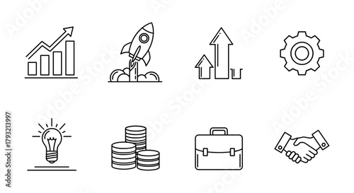 Business growth icons set: linear charts, innovation, investments, partnership, and success
