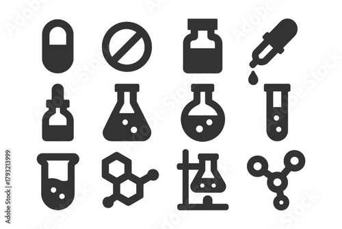 Chemistry and laboratory icons set featuring beakers, test tubes, and droppers.