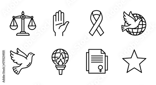 Icons of equality and peace: line art symbols of justice, rights, and global unity