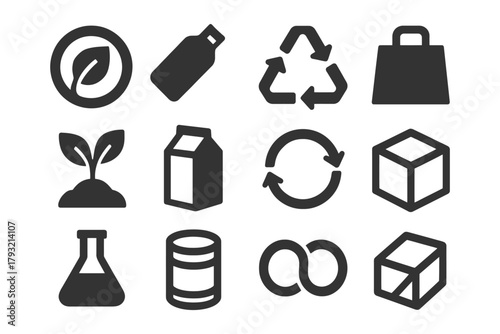 Sustainable icons: recycling, eco-friendly, packaging, plant, cycle.