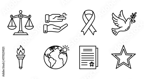 Line art symbols of peace and justice featuring dove and scales with outline designs