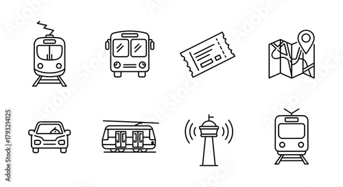 Linear urban transportation icons with bus, train, and ticket designs for modern infographics