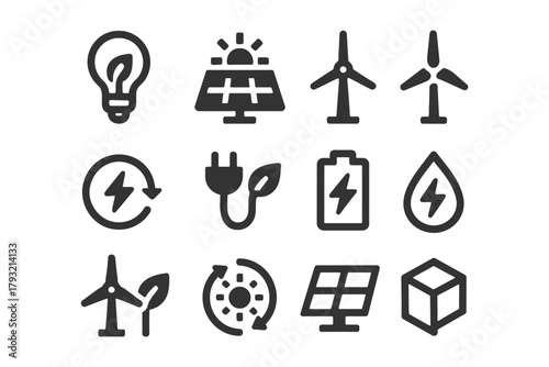 Renewable energy icons including solar, wind, and eco elements.