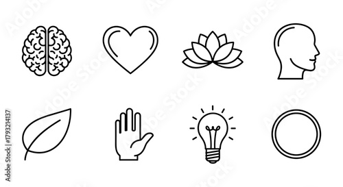 Minimalist icons set: brain, heart, lotus, profile, leaf, hand, lightbulb, circle