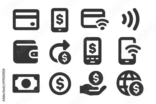 Financial icons set depicting digital transactions and money management.