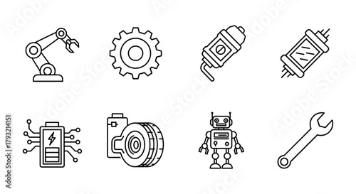Set of linear icons: robotics, engineering, and technology elements