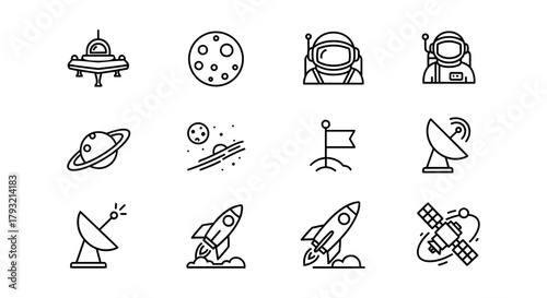 Space exploration icons: astronaut, rocket, satellite, telescope in linear style